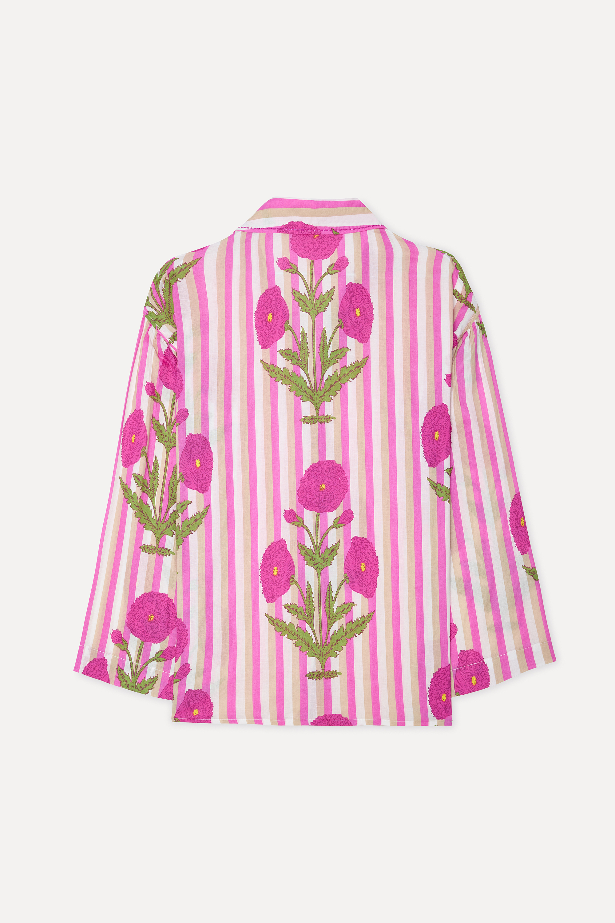Kadın Pembe Çizgili Floral Desenli Uzun Kollu Gömlek