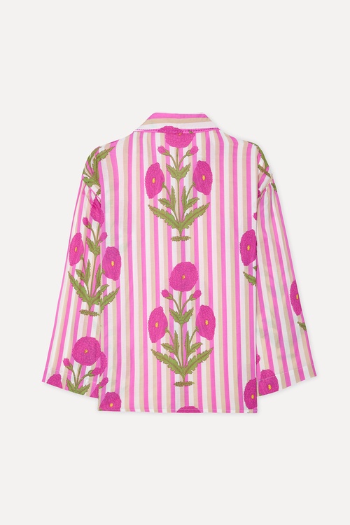 Kadın Pembe Çizgili Floral Desenli Uzun Kollu Gömlek