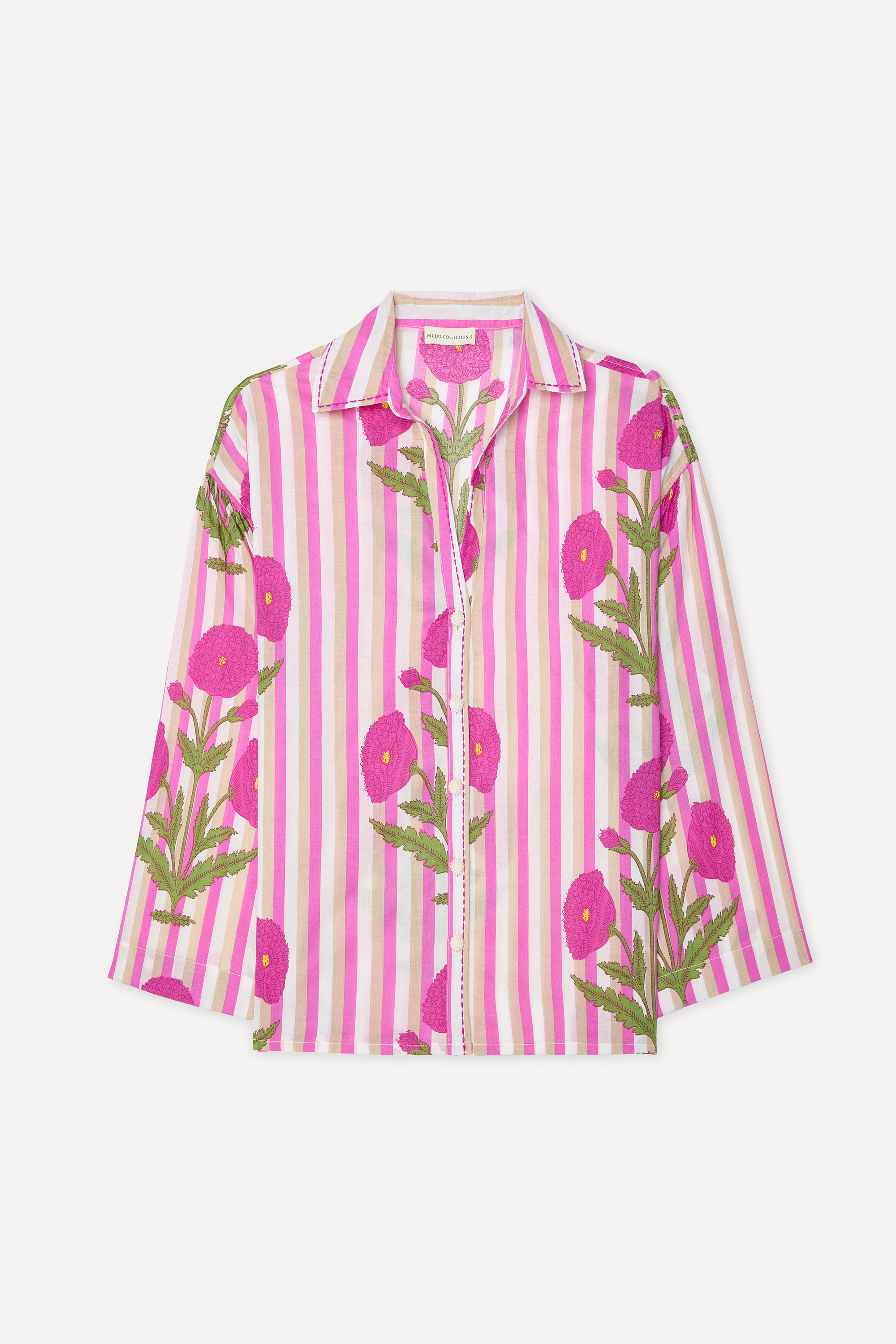 Kadın Pembe Çizgili Floral Desenli Uzun Kollu Gömlek