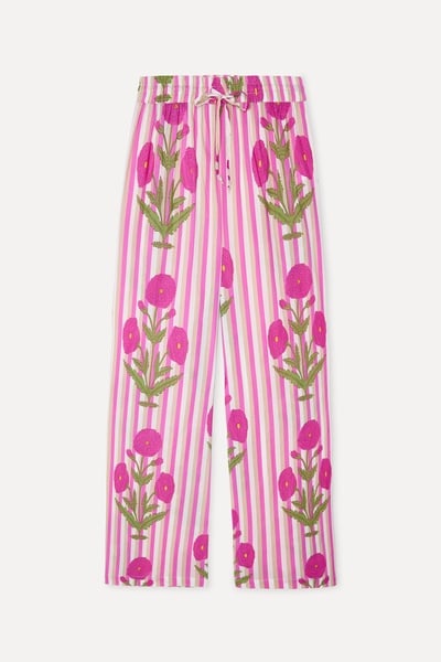 Mudo Kadın Pembe Çizgili Floral Nakışlı Wide Leg Pantolon