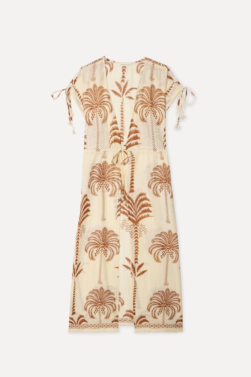 Kadın Ekru Desenli Oversize Midi Kimono
