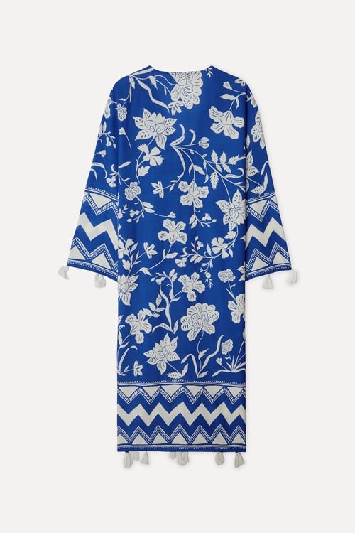 Kadın Mavi Desenli Oversize Uzun Kimono