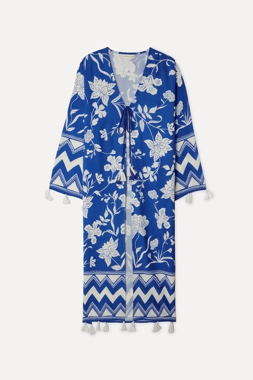 Kadın Mavi Desenli Oversize Uzun Kimono