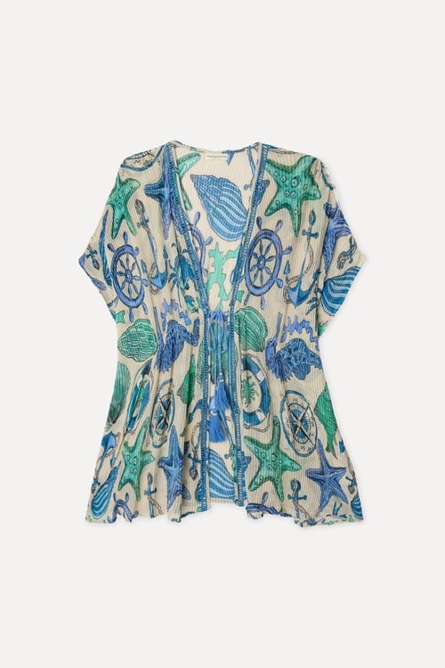 Kadın Mavi Desenli Relax Fit Kimono