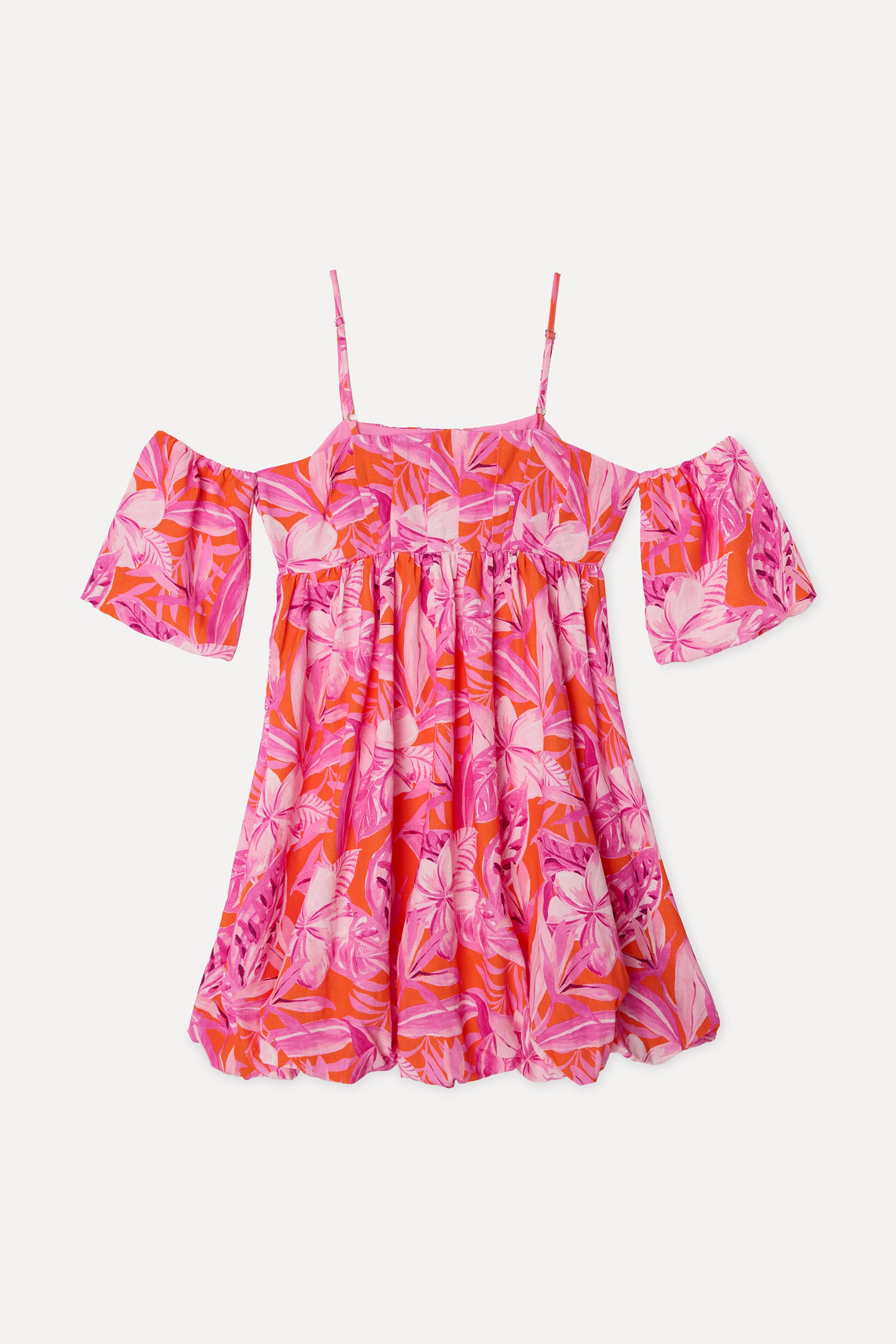 Kadın Pembe Floral Desenli Düşük Omuz Kloş Mini Elbise