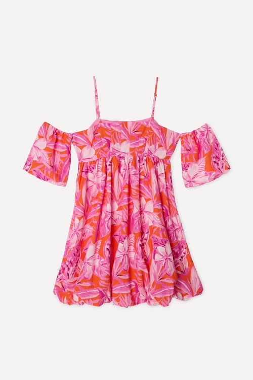 Kadın Pembe Floral Desenli Düşük Omuz Kloş Mini Elbise