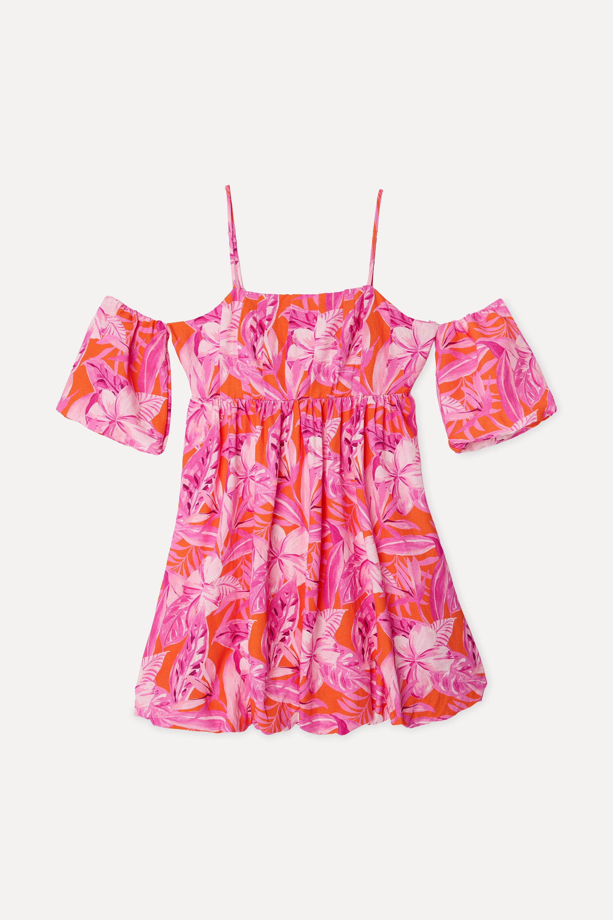 Kadın Pembe Floral Desenli Düşük Omuz Kloş Mini Elbise