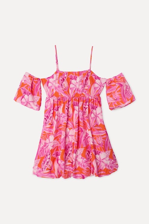 Kadın Pembe Floral Desenli Düşük Omuz Kloş Mini Elbise