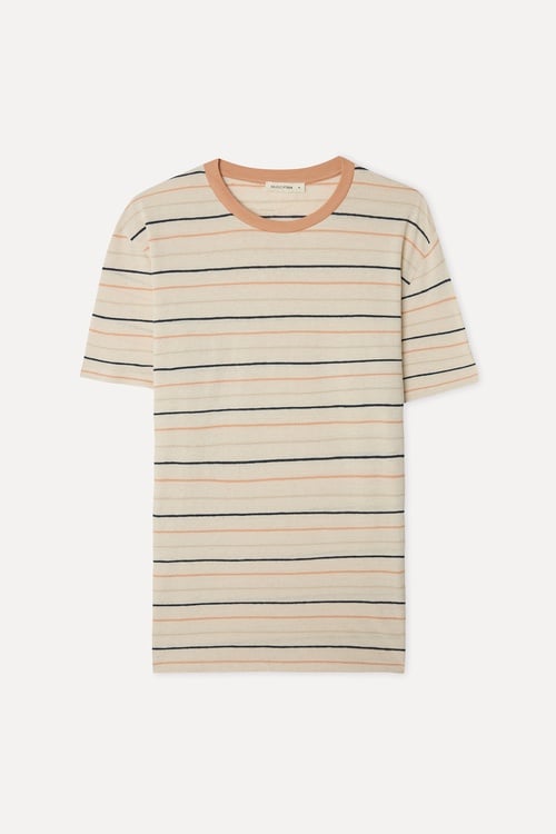  Erkek Ekru Çizgili Comfort Fit Bisiklet Yaka Keten Karışımlı T-Shirt