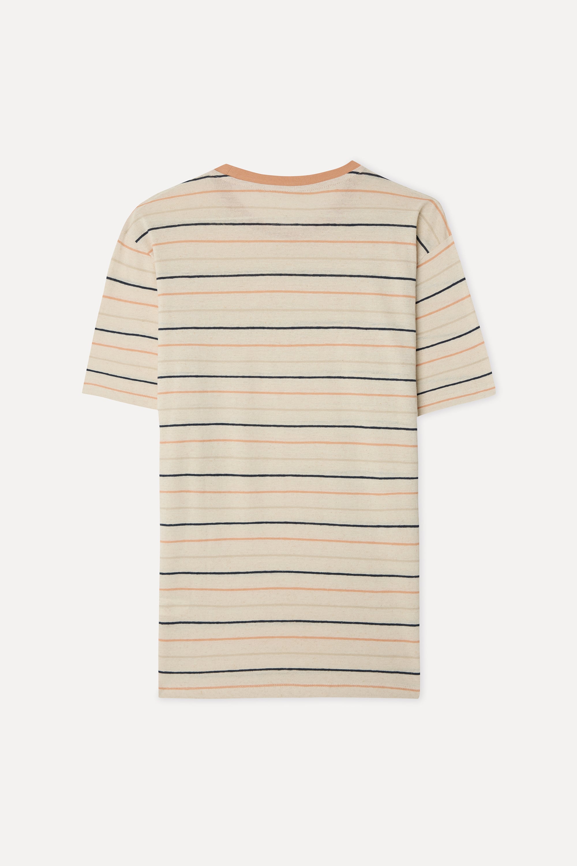 Erkek Ekru Çizgili Comfort Fit Bisiklet Yaka Keten Karışımlı T-Shirt