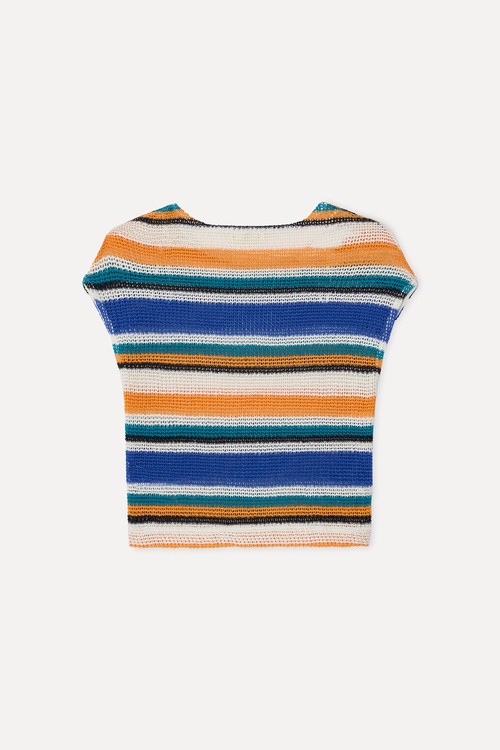 Kadın Turuncu Çizgili Bisiklet Yaka Düşük Kol Örme T-Shirt