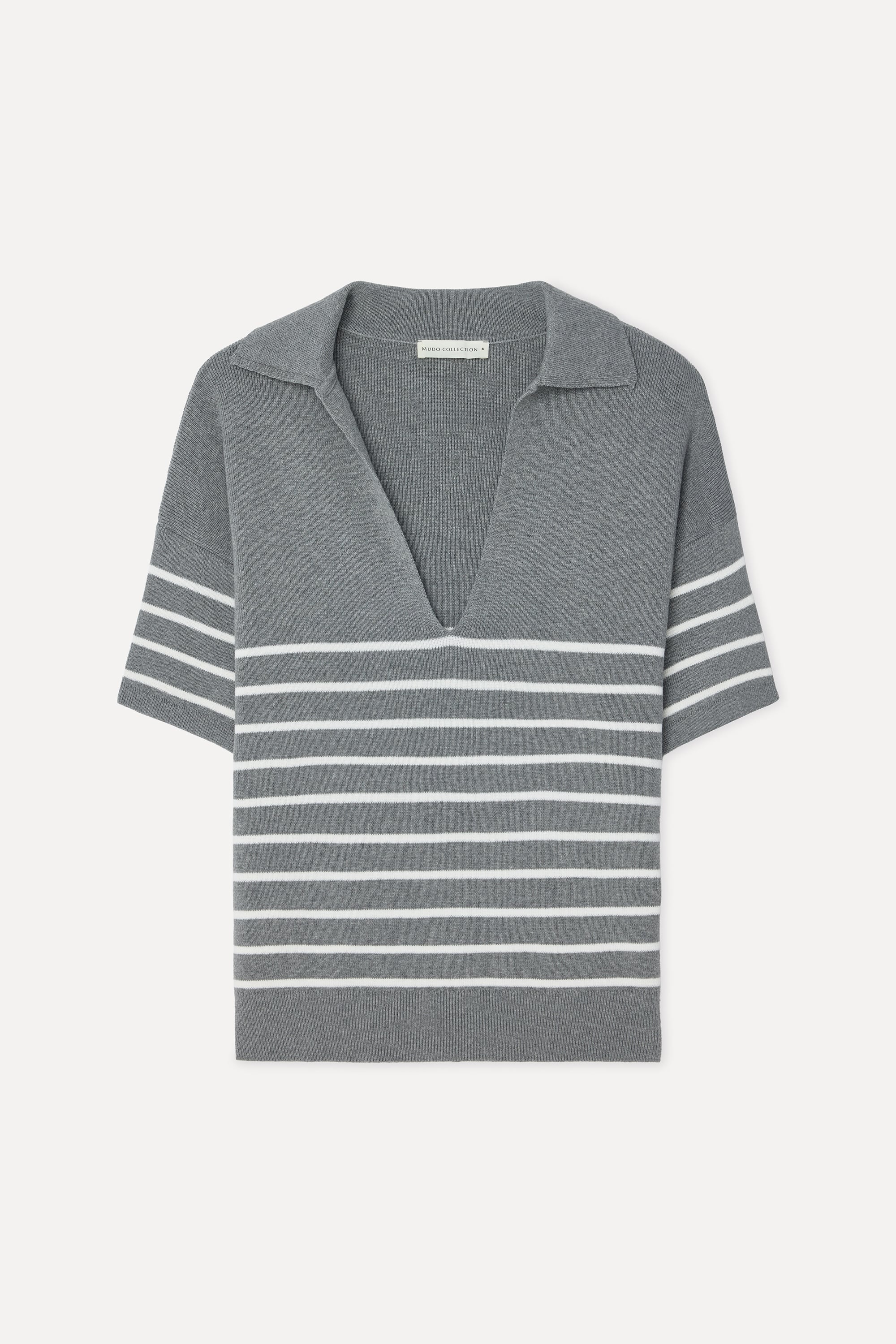 Kadın Çizgili Loose Fit Polo Yaka Kısa Kollu Kazak