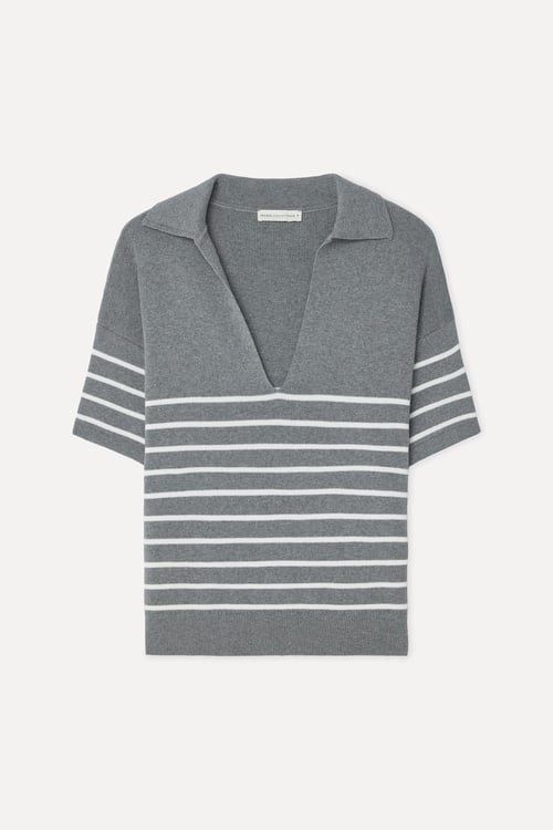 Kadın Çizgili Loose Fit Polo Yaka Kısa Kollu Kazak