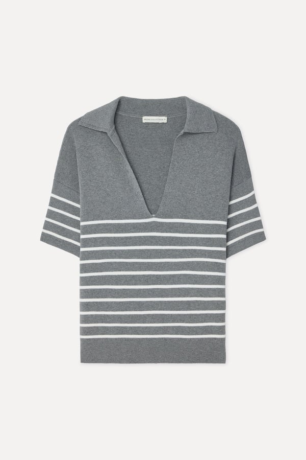 Kadın Çizgili Loose Fit Polo Yaka Kısa Kollu Kazak