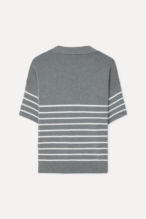 Kadın Çizgili Loose Fit Polo Yaka Kısa Kollu Kazak
