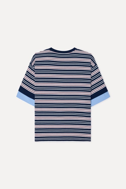 Kadın Lacivert Çizgili Loose Fit Bisikelt Yaka T-Shirt