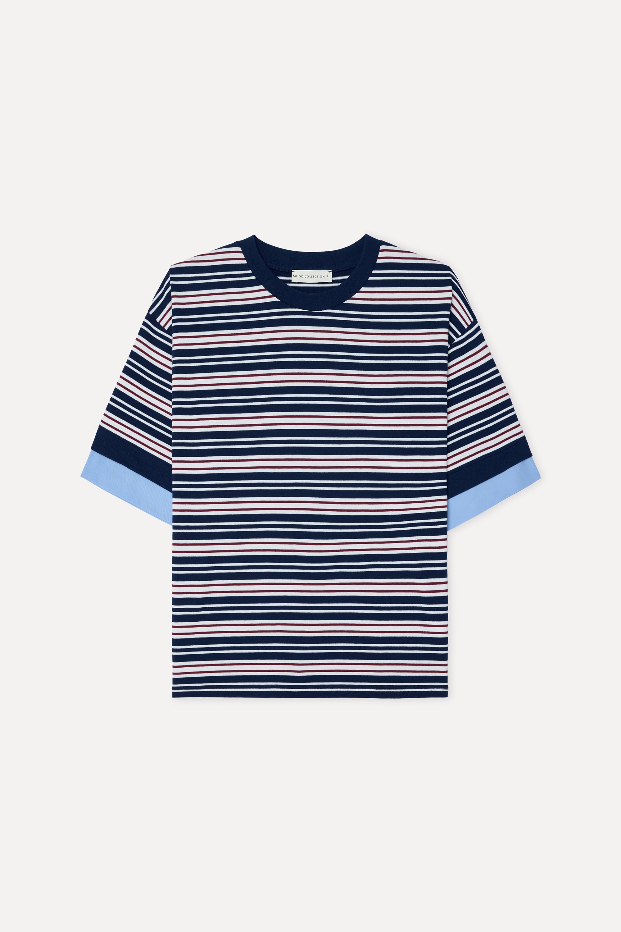 Kadın Lacivert Çizgili Loose Fit Bisikelt Yaka T-Shirt