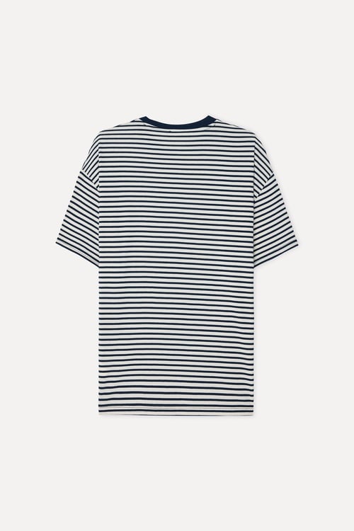 Kadın Lacivert Çizgili Oversize Bisikelt Yaka T-Shirt