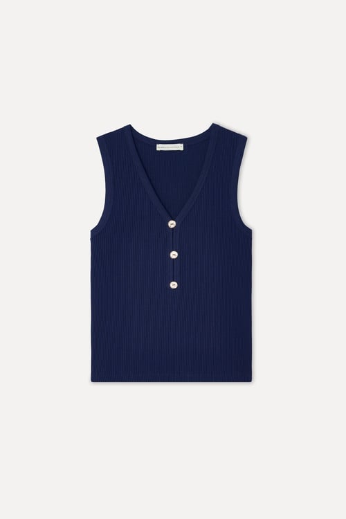 Kadın Lacivert Fitted V Yaka Kolsuz T-Shirt