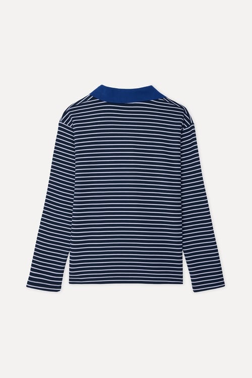 Kadın Lacivert Çizgili Loose Fit Polo Yaka Sweatshirt
