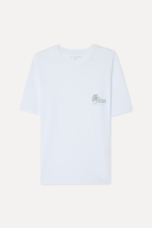 Erkek Beyaz Baskılı Bisiklet Yaka T-Shirt