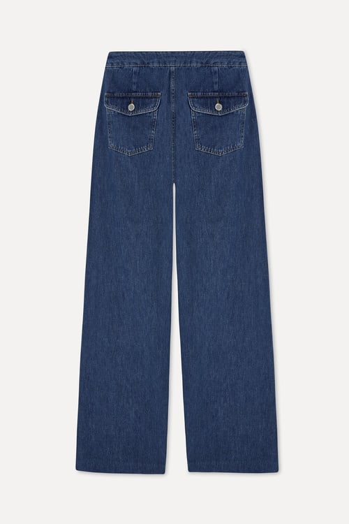 Kadın İndigo Kemer Detaylı Wide Leg Jean Pantolon