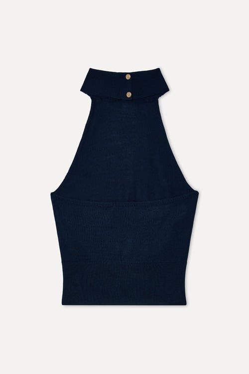 Kadın Lacivert Fitted Halter Yaka Kolsuz Kazak