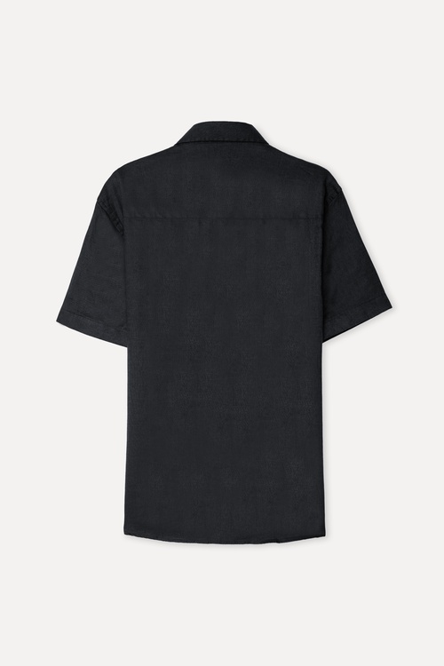  Erkek Siyah Regular Fit Kısa Kollu Keten Gömlek