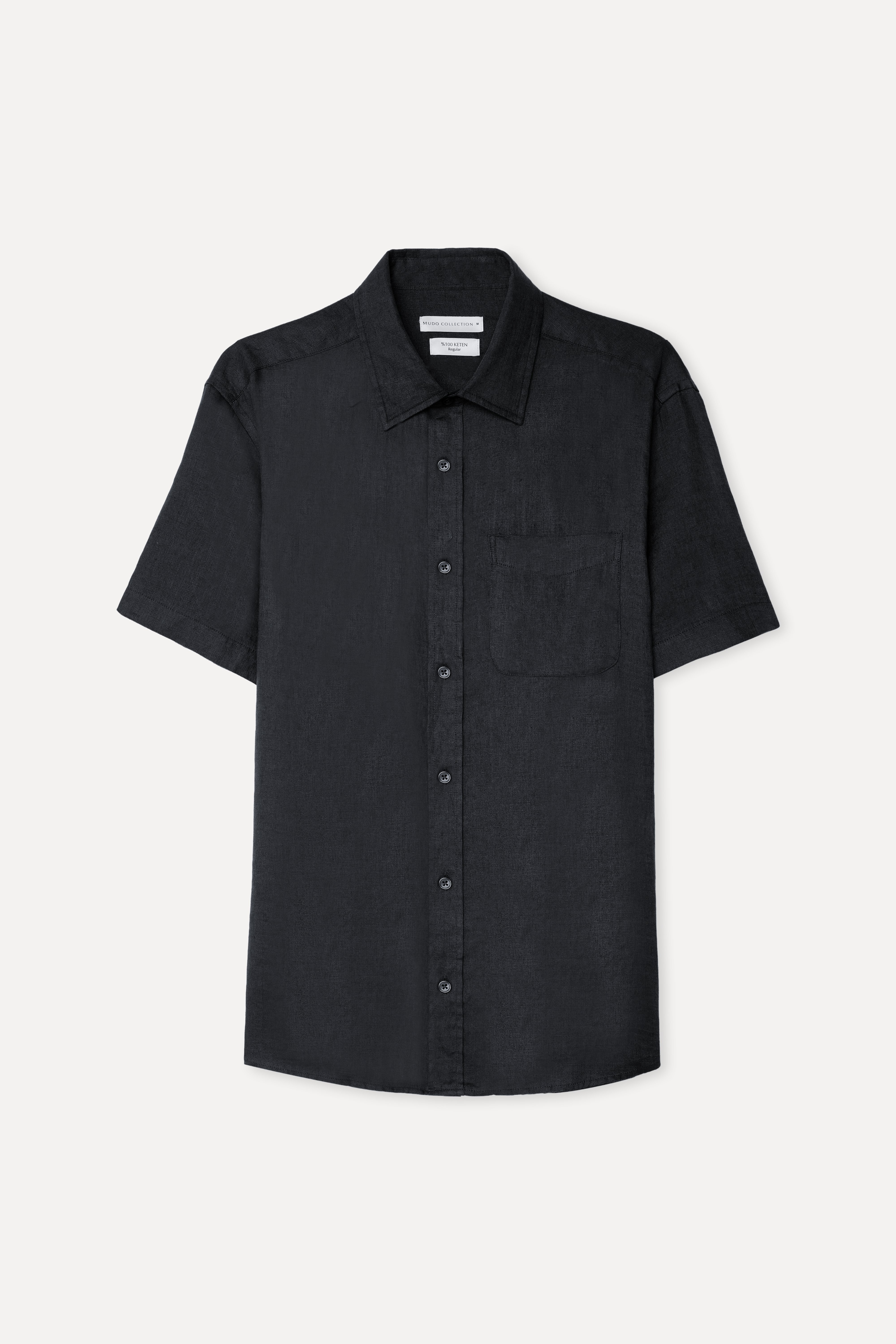 Erkek Siyah Regular Fit Kısa Kollu Keten Gömlek