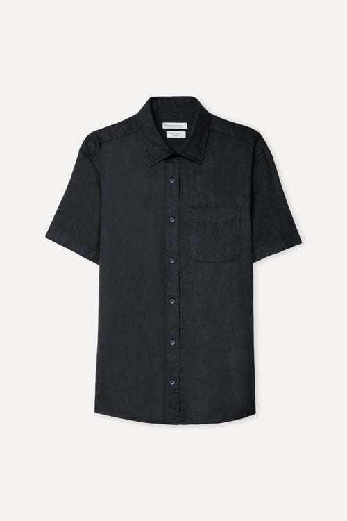  Erkek Siyah Regular Fit Kısa Kollu Keten Gömlek