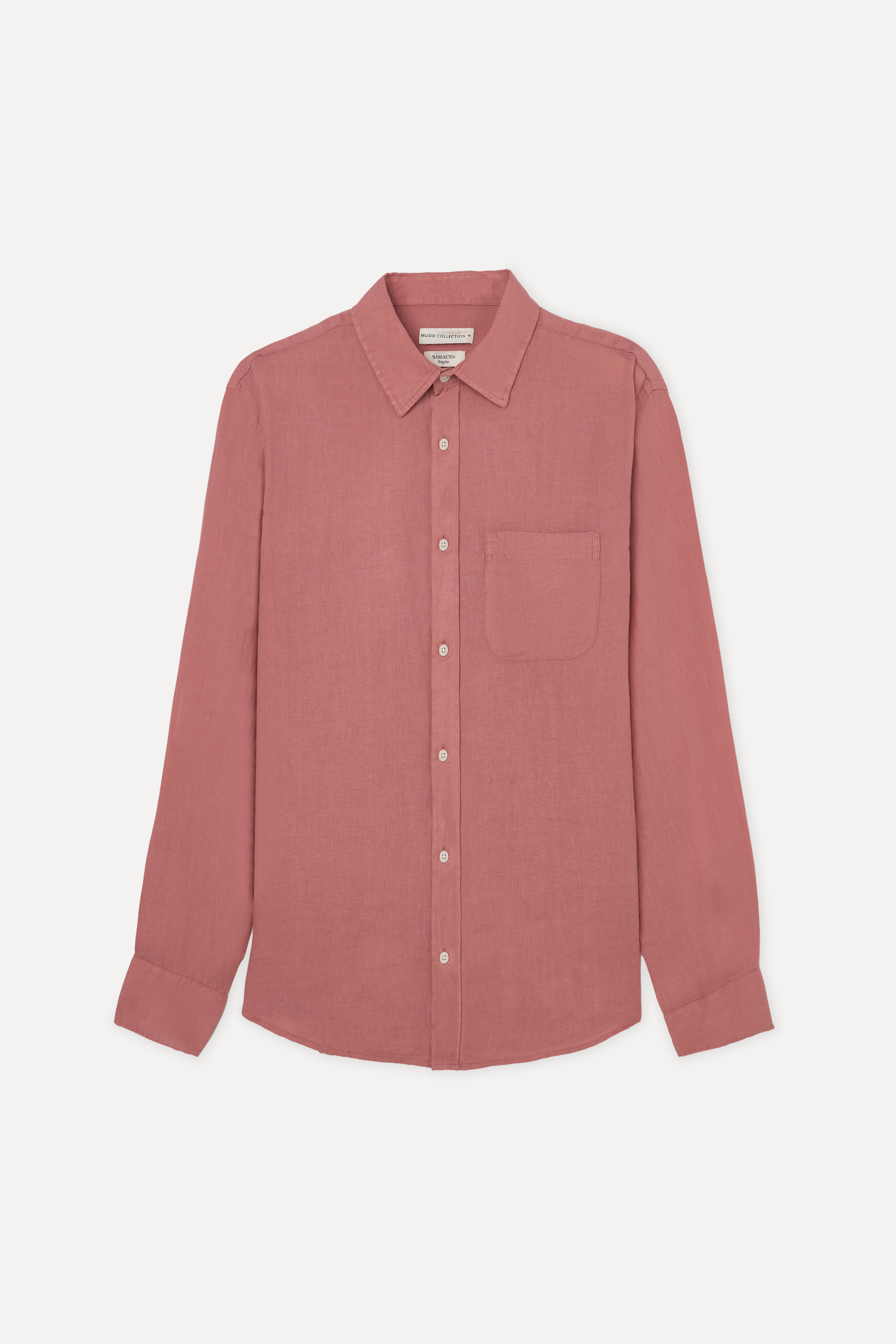 Erkek Pembe Regular Fit Uzun Kollu Keten Gömlek