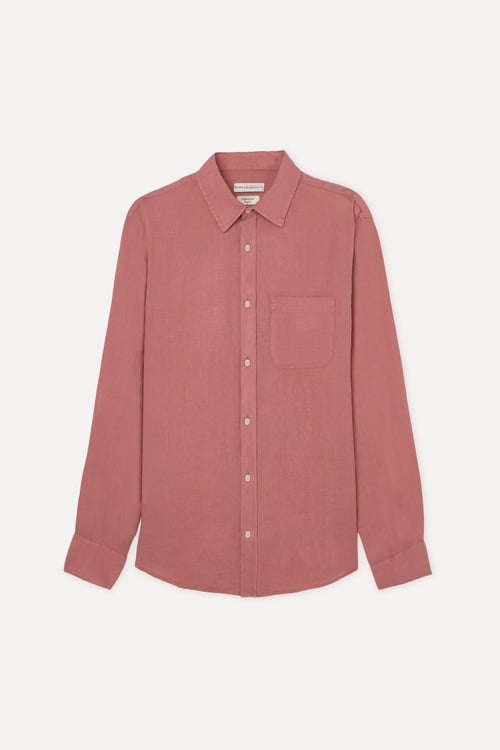 Erkek Pembe Regular Fit Uzun Kollu Keten Gömlek