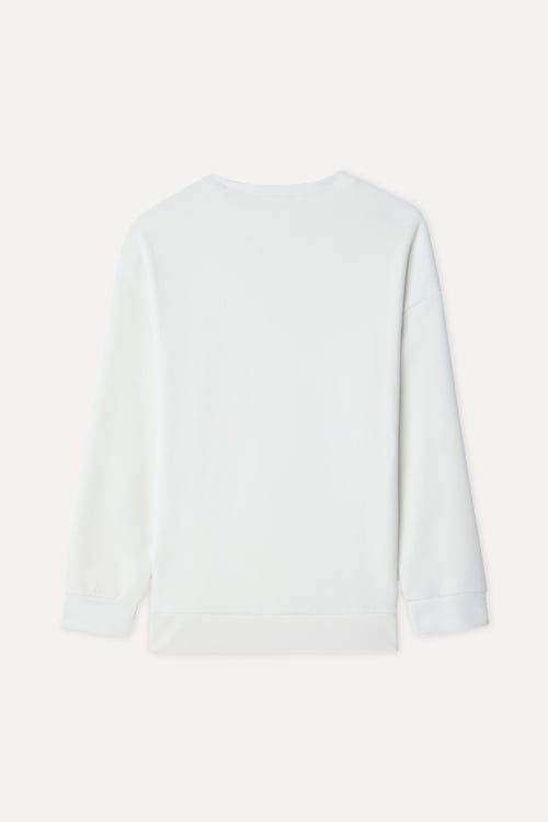 Kadın Kırık Beyaz Düğme Detaylı Loose Fit Bisiklet Yaka Sweatshirt