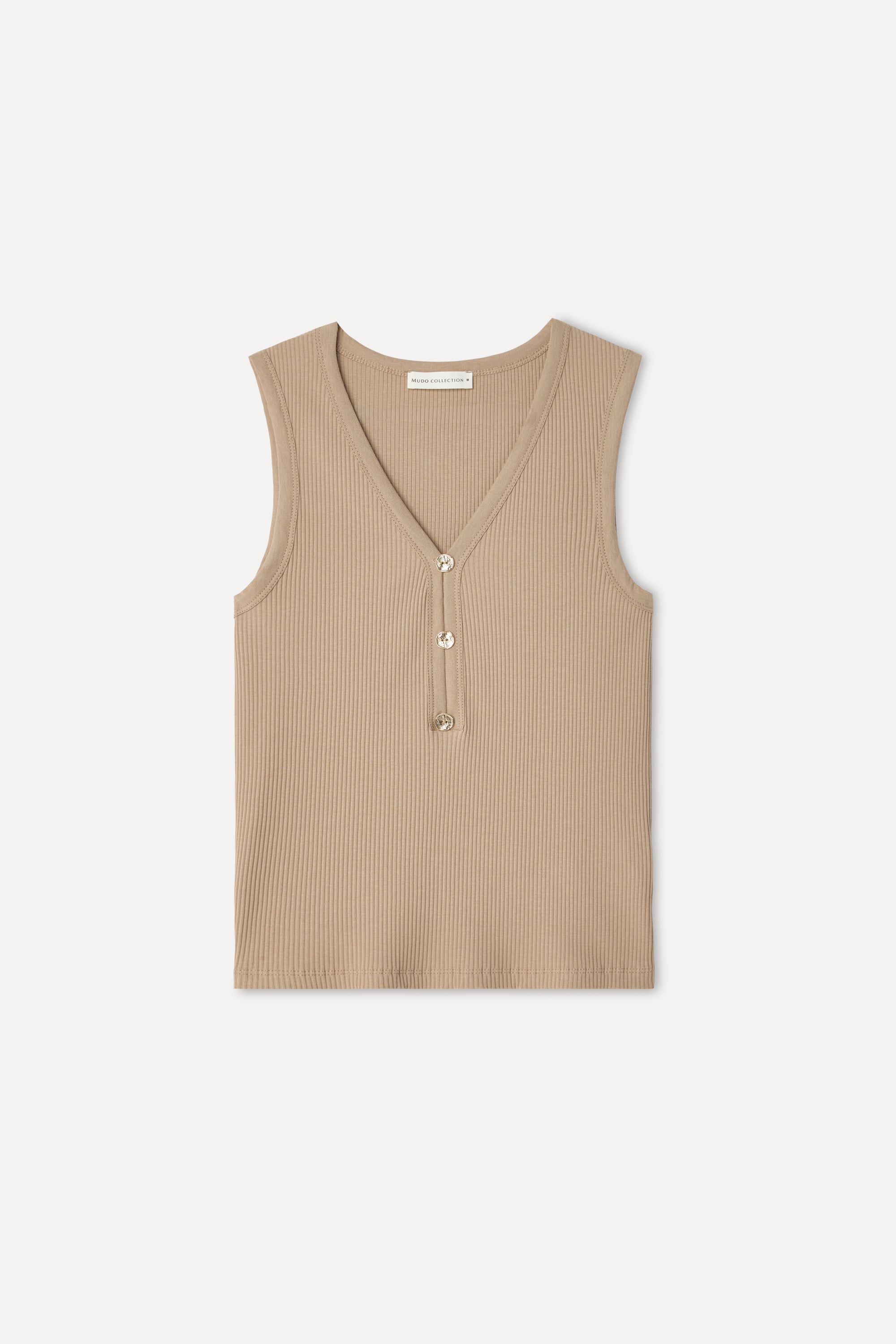 Kadın Bej Rengi Fitted V Yaka Kolsuz T-Shirt