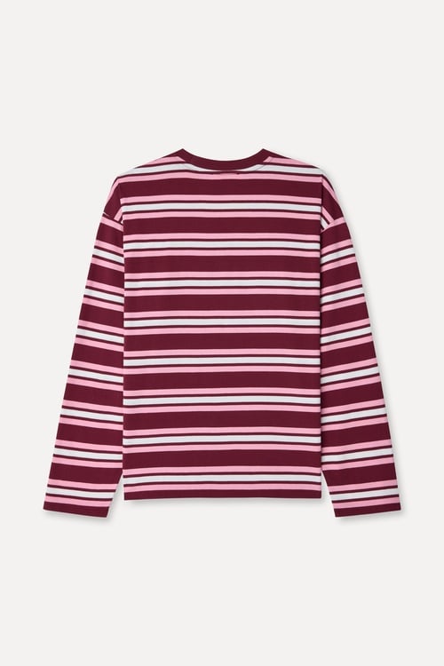Kadın Bordo Çizgili Loose Fit Bisiklet Yaka Sweatshirt