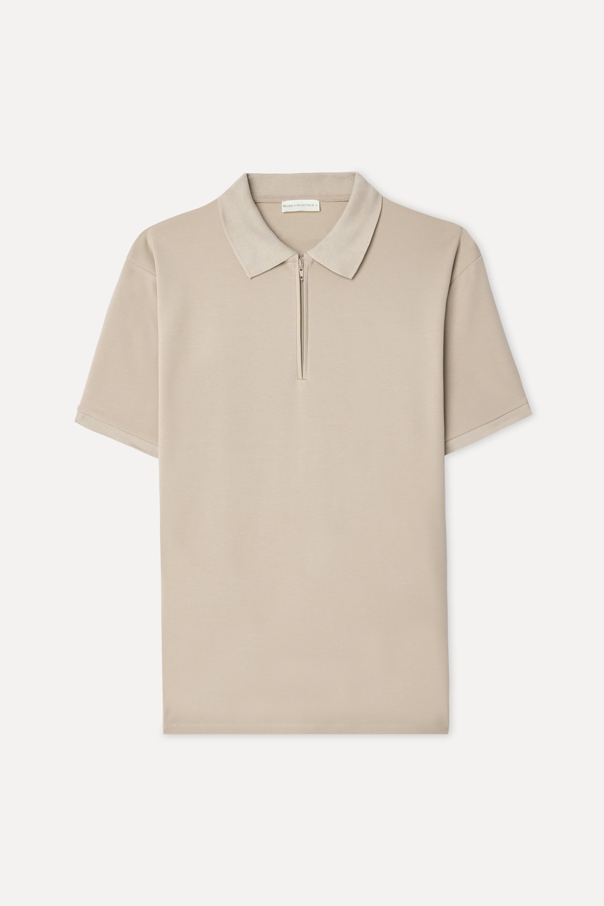 Erkek Bej Rengi Fermuarlı Polo Yaka Kısa Kollu T-Shirt