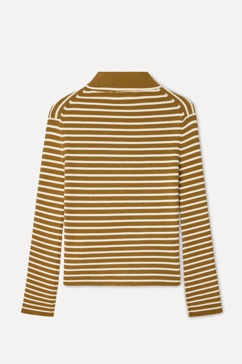 Kadın Bej Rengi Çizgili Fitted Polo Yaka Hırka