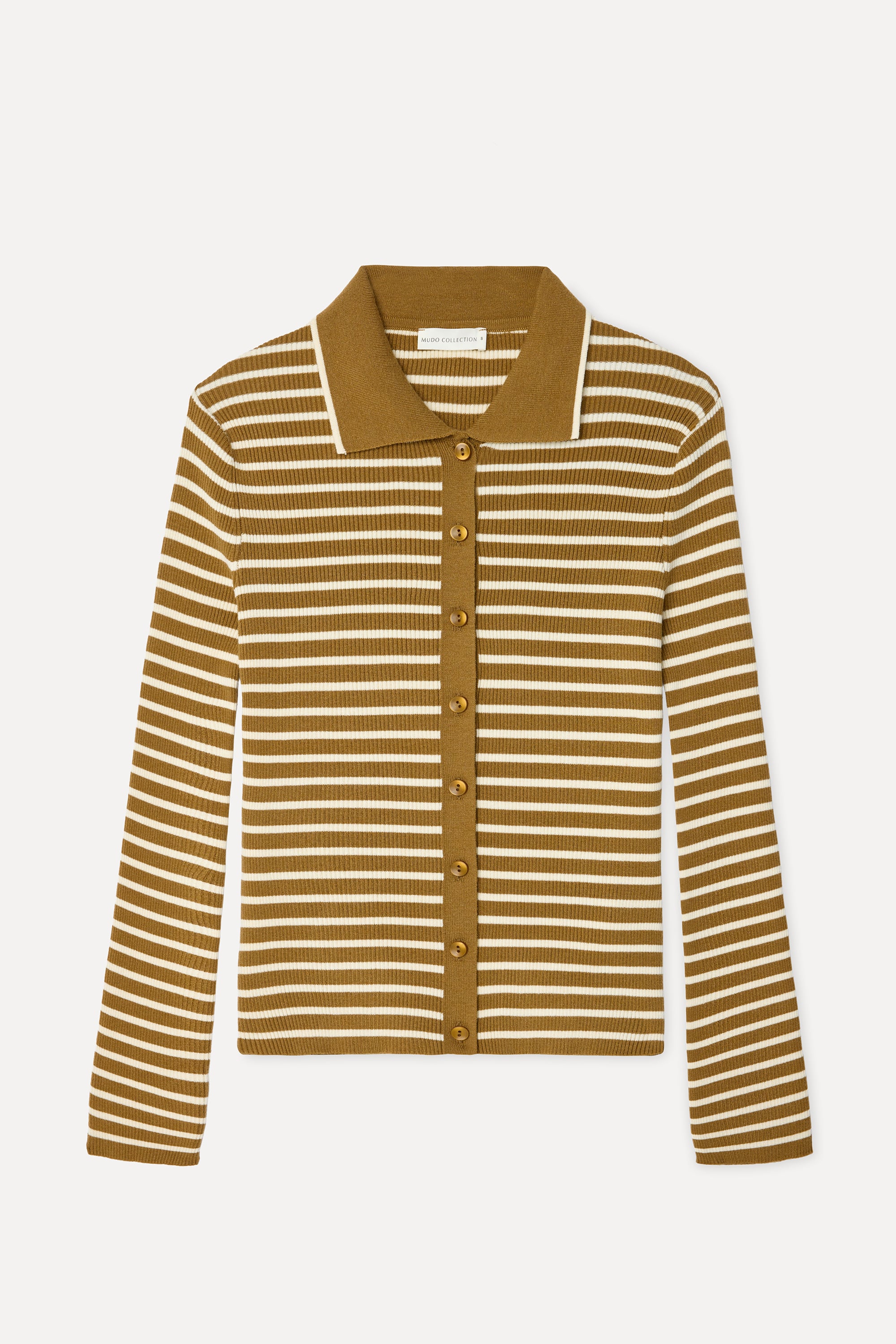 Kadın Bej Rengi Çizgili Fitted Polo Yaka Hırka