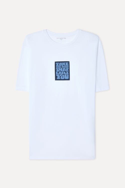 Erkek Beyaz Baskılı Bisiklet Yaka T-Shirt