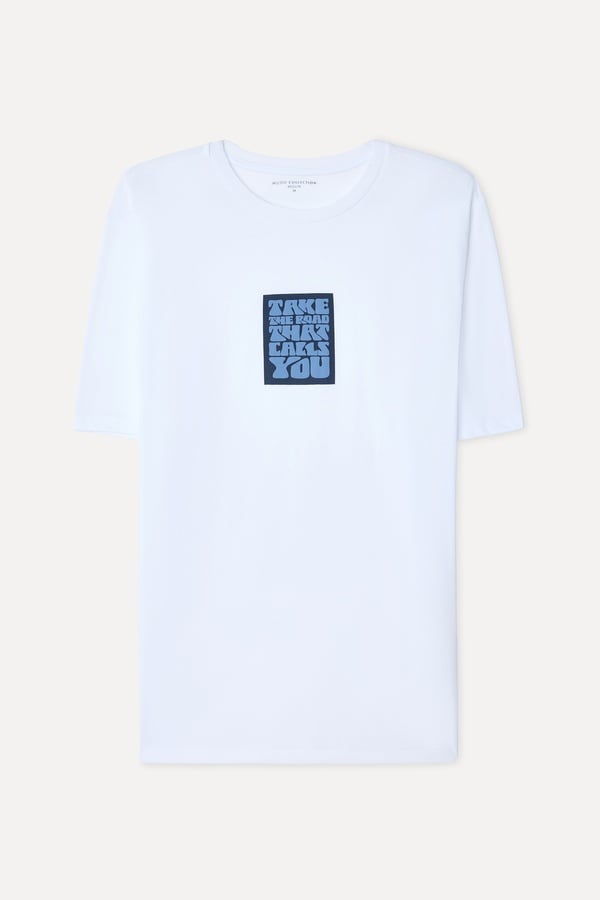 Erkek Beyaz Baskılı Bisiklet Yaka T-Shirt