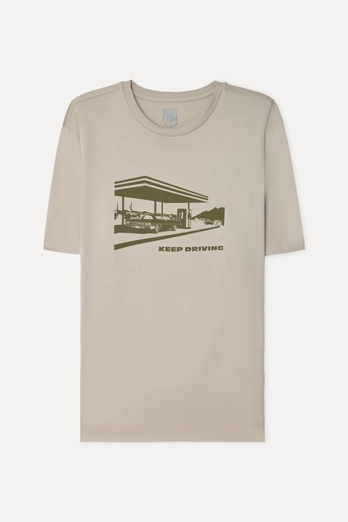 Erkek Taş Rengi Baskılı Bisiklet Yaka T-Shirt