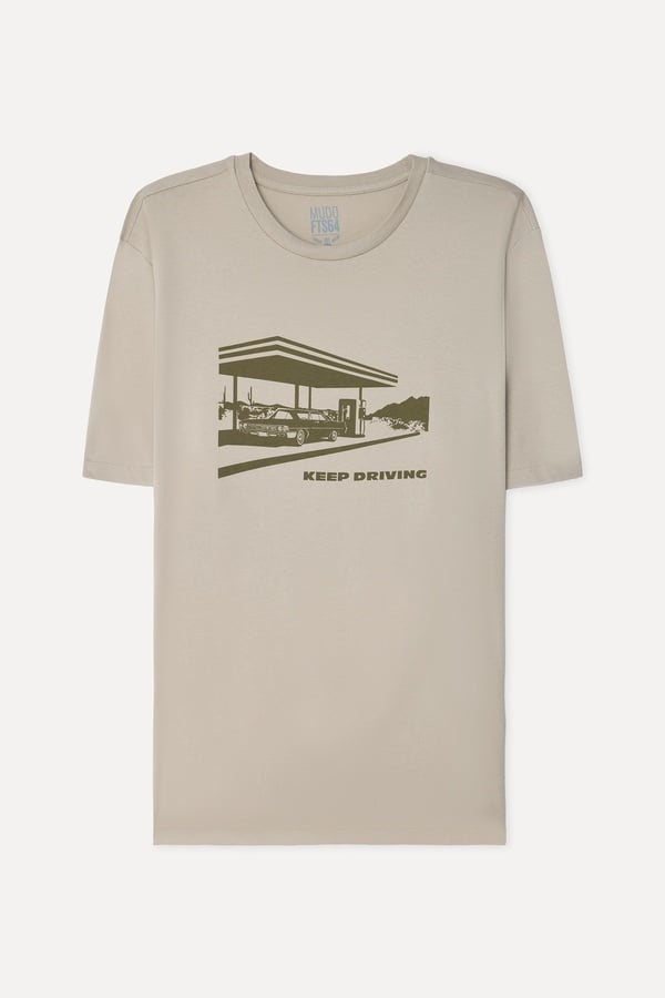 Erkek Taş Rengi Baskılı Bisiklet Yaka T-Shirt