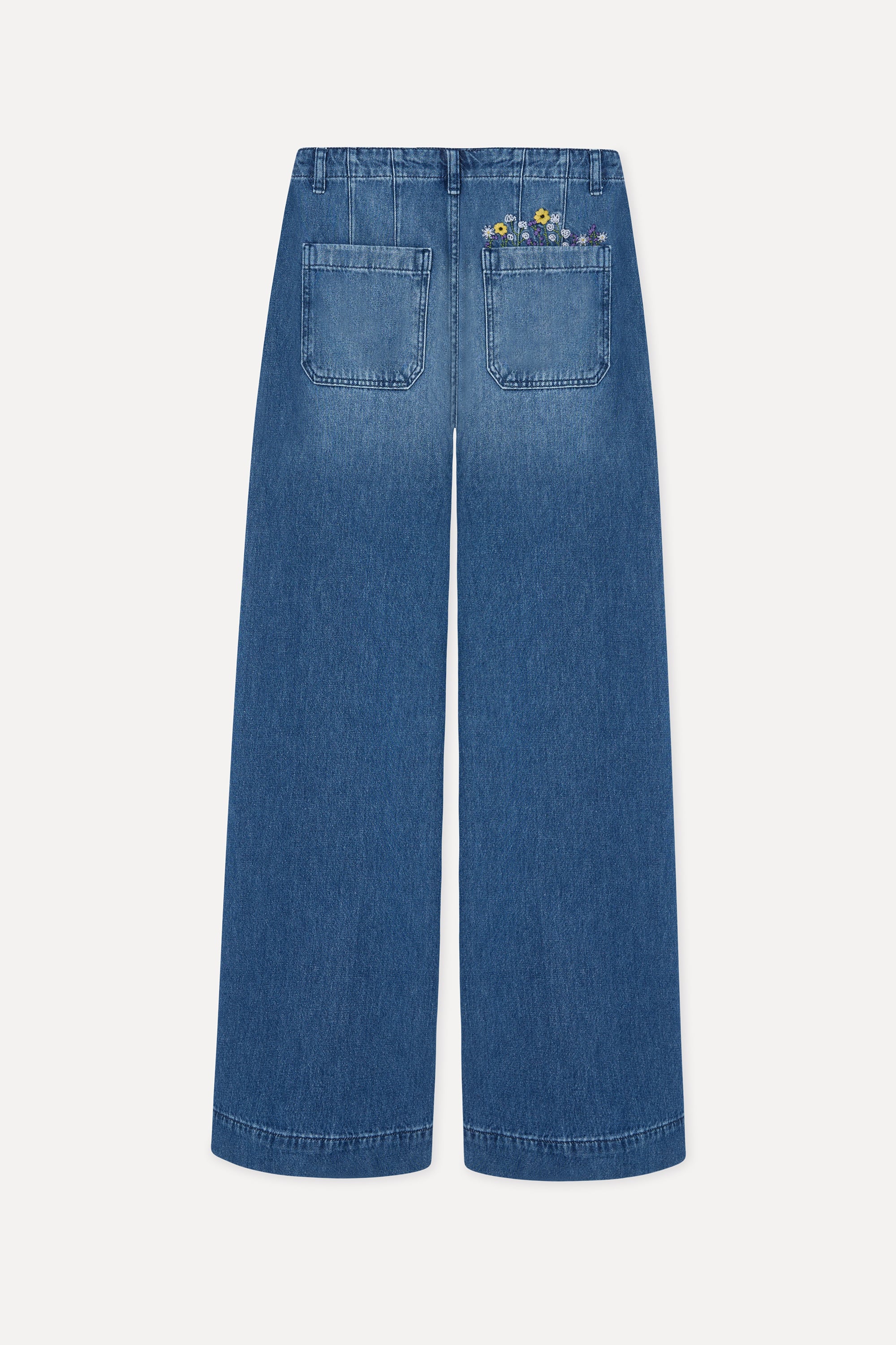 Kadın İndigo Nakışlı Ön Cepli Wide Leg Pantolon