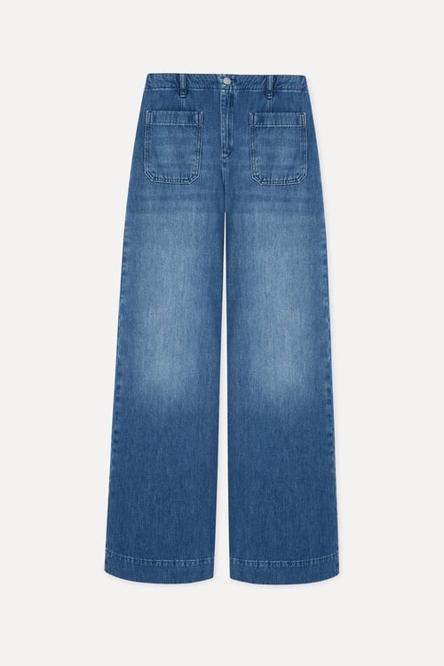 Kadın İndigo Nakışlı Ön Cepli Wide Leg Pantolon
