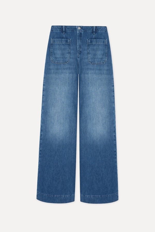 Kadın İndigo Nakışlı Ön Cepli Wide Leg Pantolon
