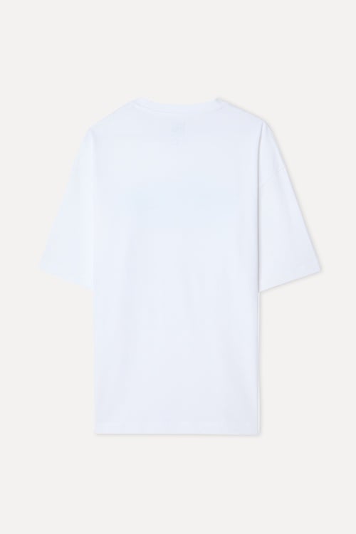 Erkek Beyaz Baskılı Oversize Bisiklet Yaka T-Shirt