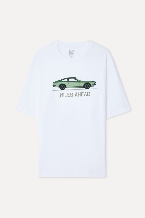 Erkek Beyaz Baskılı Oversize Bisiklet Yaka T-Shirt