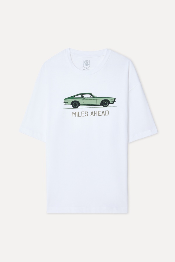 Erkek Beyaz Baskılı Oversize Bisiklet Yaka T-Shirt