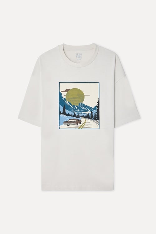 Erkek Beyaz Baskılı Oversize Bisiklet Yaka T-Shirt
