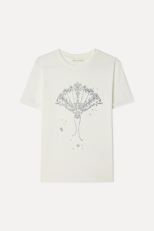 Kadın Kırık Beyaz Baskılı Bisiklet Yaka T-Shirt
